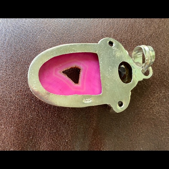 Beautiful hand crafted Pink Druzy, faceted Citrine and Amethyst pendant. - Picture 6 of 9